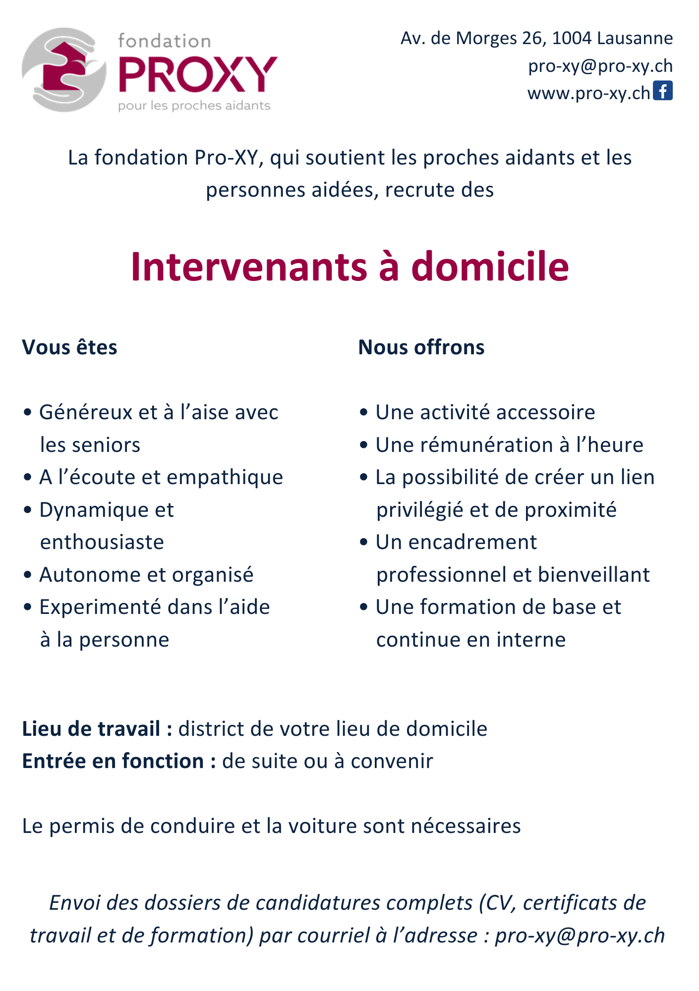 La fondation Pro XY qui soutient les proches aidants et les personnes aidées recrute des Intervenants à domicile 7